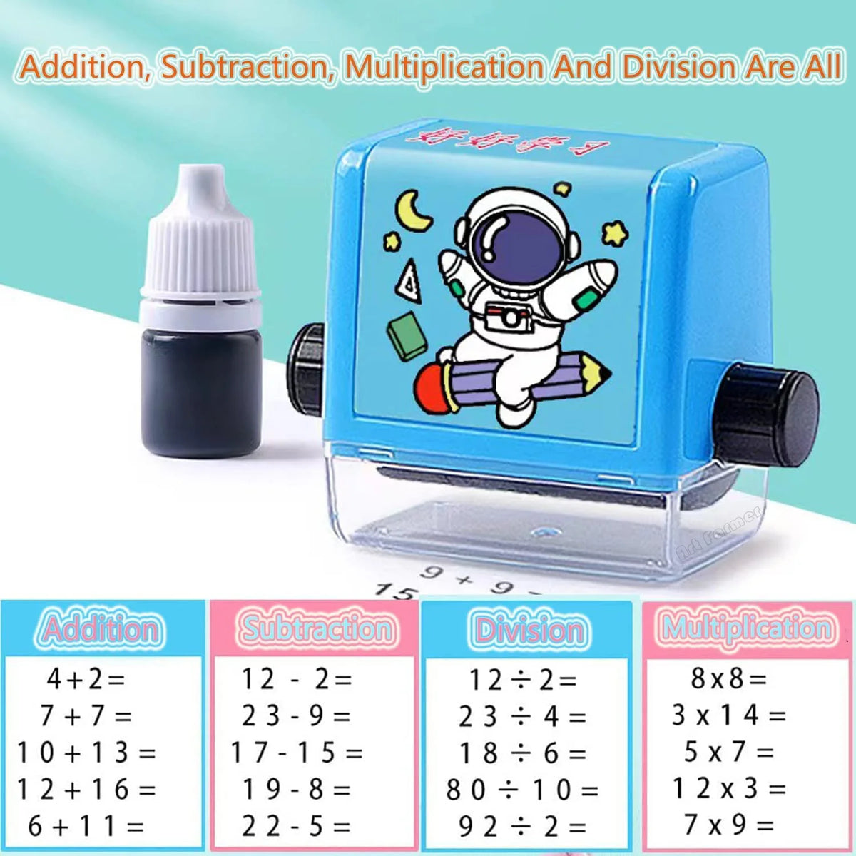 A blue roller stamp for practicing addition, subtraction, multiplication, and division math problems.
