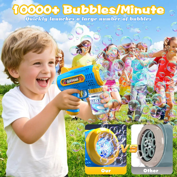 A young boy is using a yellow and blue bubble blower to launch bubbles in an outdoor setting.