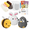 A beginner crochet kit featuring soft wool yarn and patterns for creating adorable animals like a bee, rabbit, and penguin.