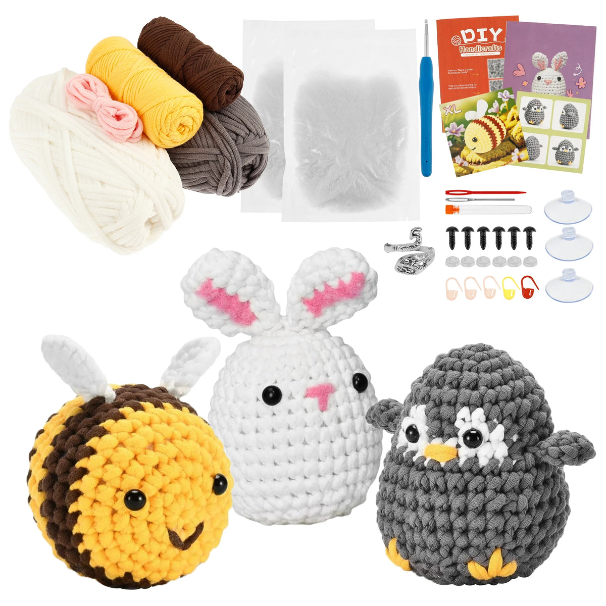 A beginner crochet kit featuring soft wool yarn and patterns for creating adorable animals like a bee, rabbit, and penguin.
