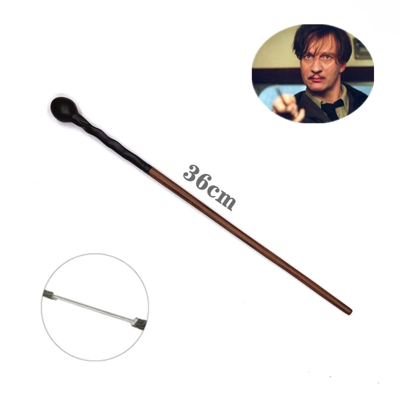 A long, slender metal magic wand with a black handle and a silver tip.