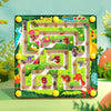 A wooden magnetic maze board featuring numbered dinosaur figures for counting and color recognition.