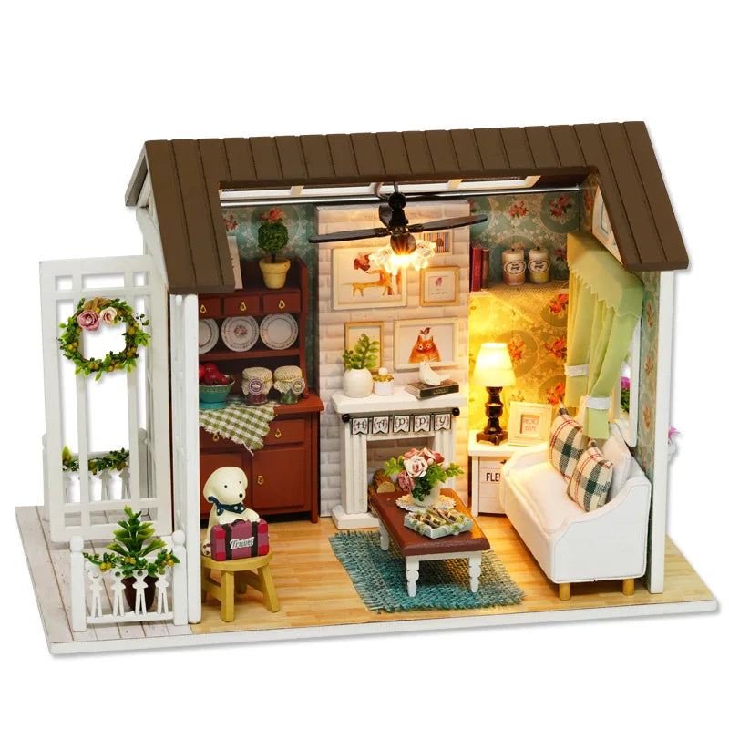 DIY Miniature Wooden Dollhouse Kit with LED Lighting