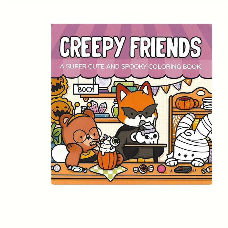 A coloring book cover titled Creepy Friends featuring cute and spooky animal characters.