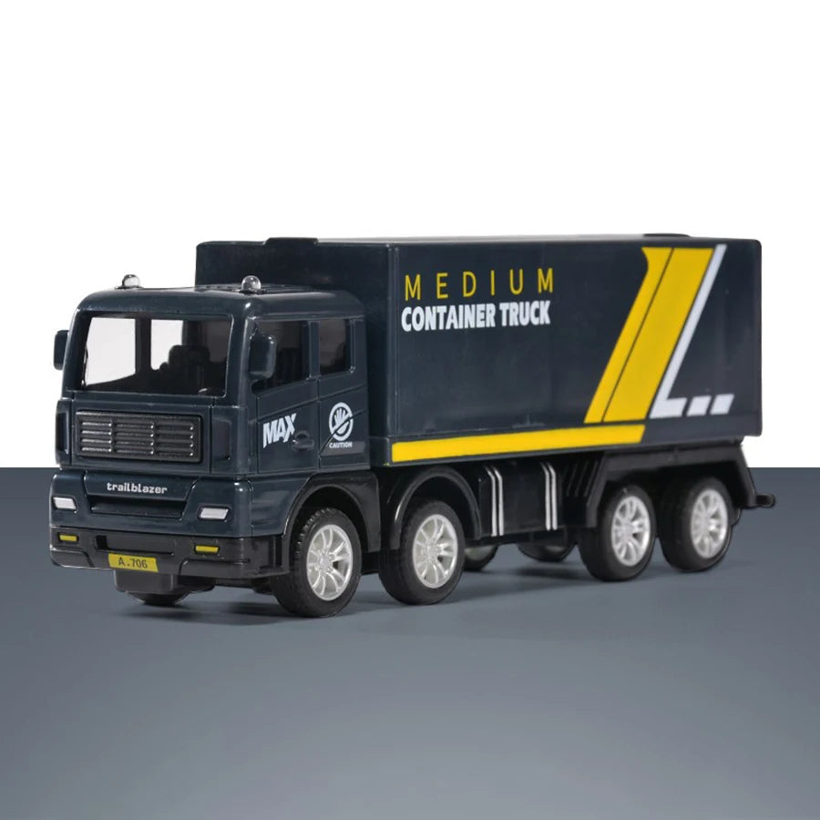 A black pull-back container truck toy with a medium container, featuring yellow accents and the MAX branding.