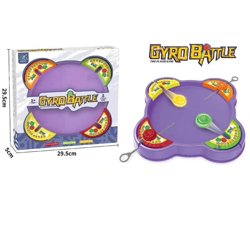 A purple pull-string spinning top battle game set with a paddle and spinning tops.