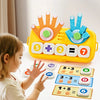 A young girl interacts with a yellow Montessori finger counting math toy featuring colorful fingers and number tiles.
