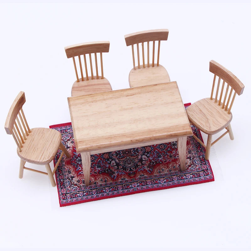 Handwoven Turkish style miniature carpet mat with wooden chairs and table for dollhouse decor