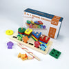 A box of a 2 in 1 fishing column wooden puzzle game with geometric shape blocks and wooden fish toys.