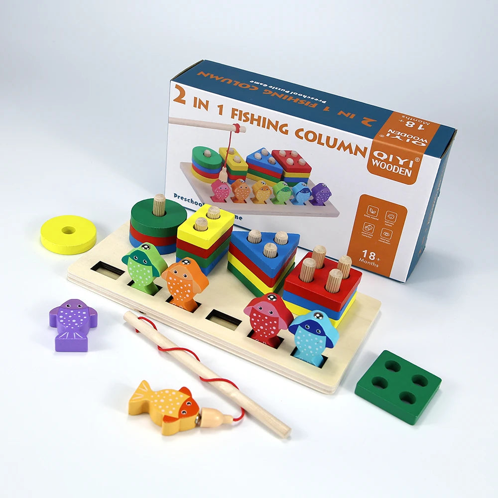 A box of a 2 in 1 fishing column wooden puzzle game with geometric shape blocks and wooden fish toys.