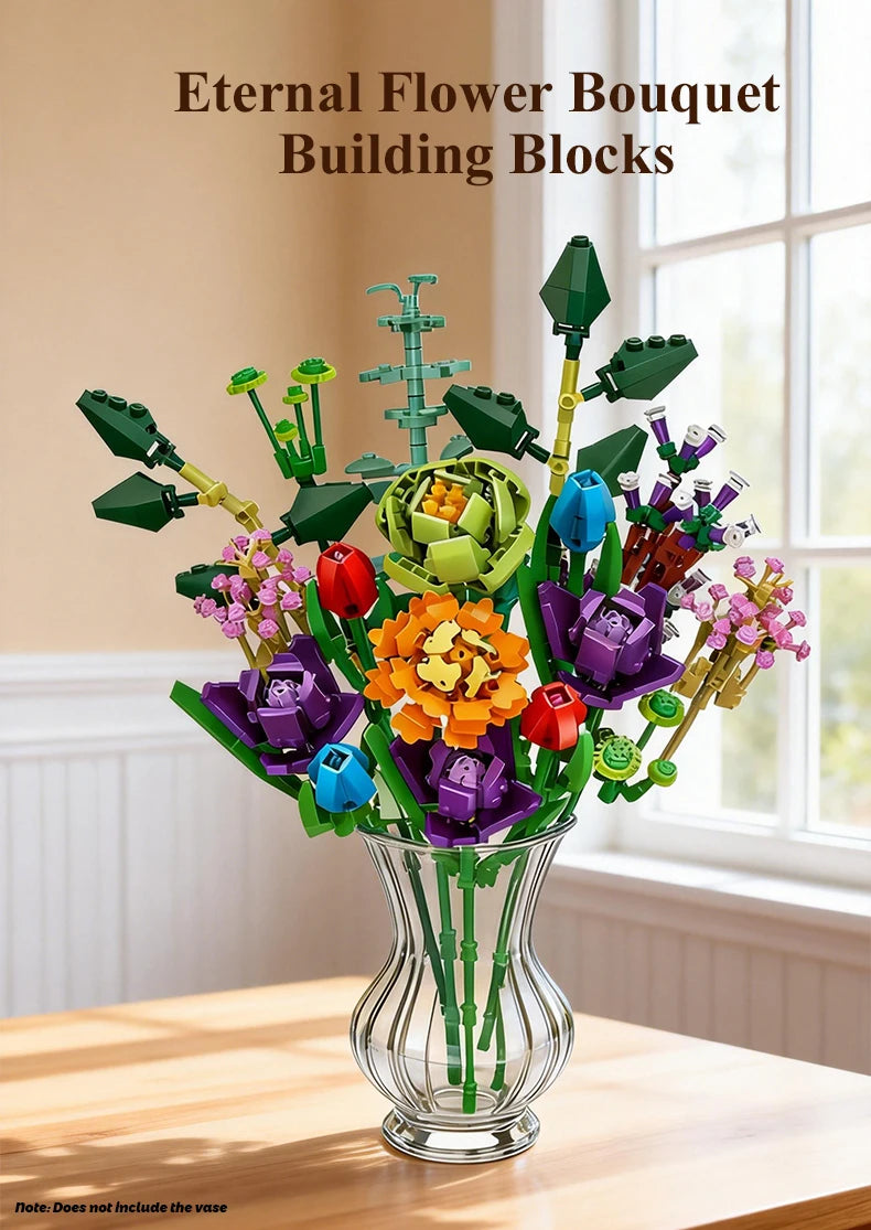 A colorful bouquet of building blocks shaped like flowers and greenery displayed in a glass vase.