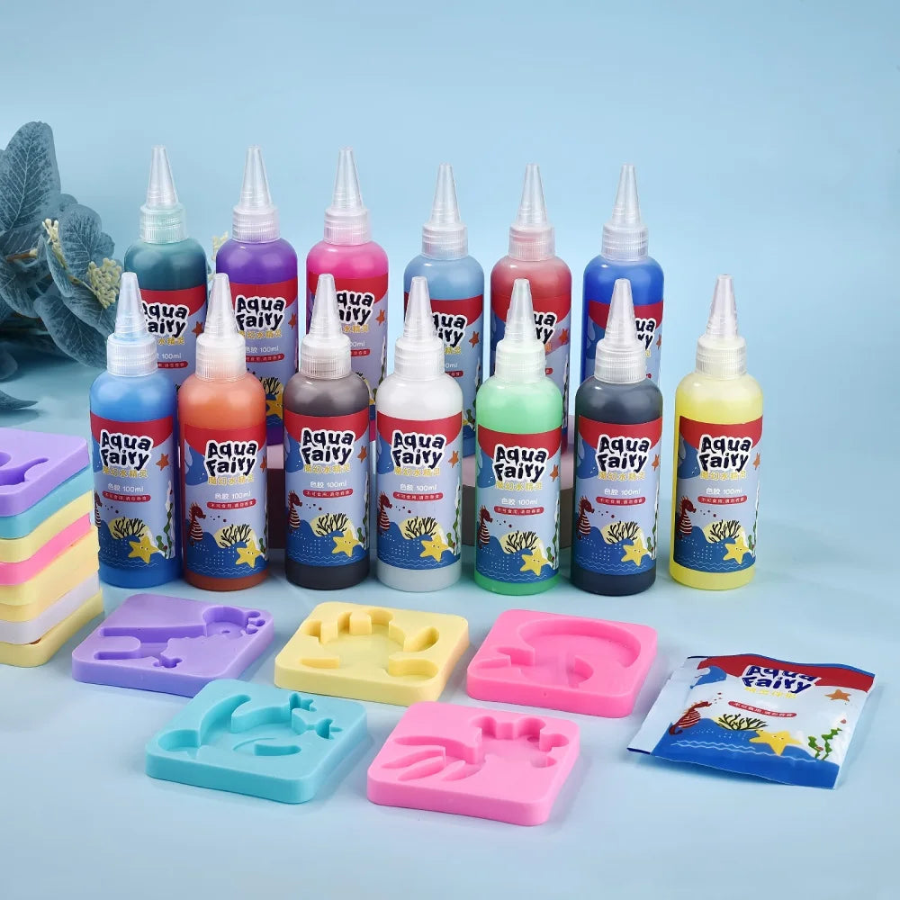 A collection of colorful Aqua Fairy bottles and corresponding silicone molds for a DIY craft kit.