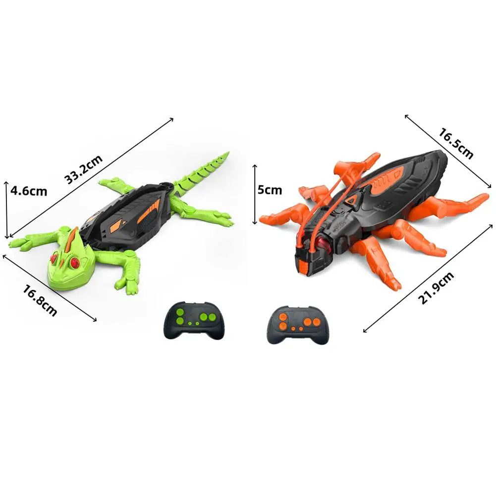 Wall-climbing RC gecko toy in green and black with orange limbs and a controller
