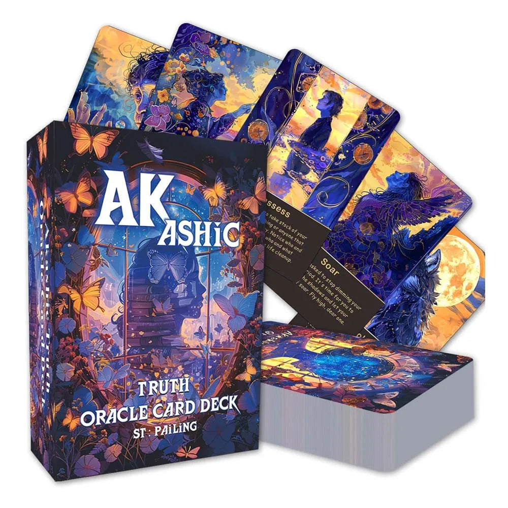 A box of the Akashic Oracle Card Deck featuring colorful illustrations and purple accents.