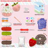 A DIY crochet kit featuring yarn, fiberfill, and accessories for making a strawberry donut.