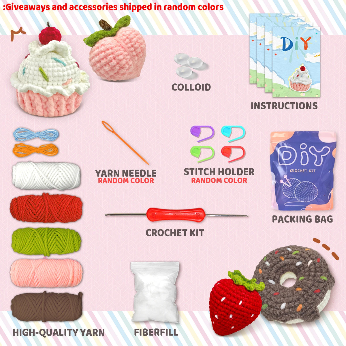 A DIY crochet kit featuring yarn, fiberfill, and accessories for making a strawberry donut.