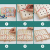 Six steps showing how to use a wooden lacing board for shoe-tying practice with colorful ropes and wooden beads.
