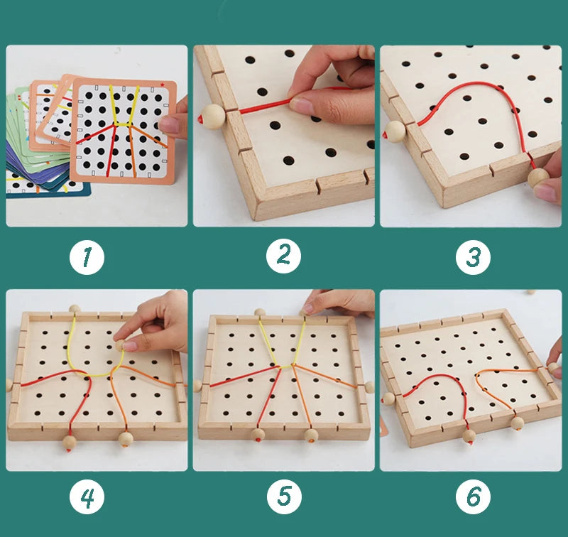 Six steps showing how to use a wooden lacing board for shoe-tying practice with colorful ropes and wooden beads.