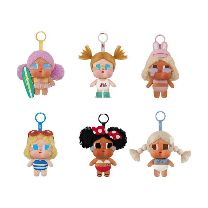 A collection of six Crybaby Vacation Mode On Vinyl figure blind boxes featuring various characters and accessories.
