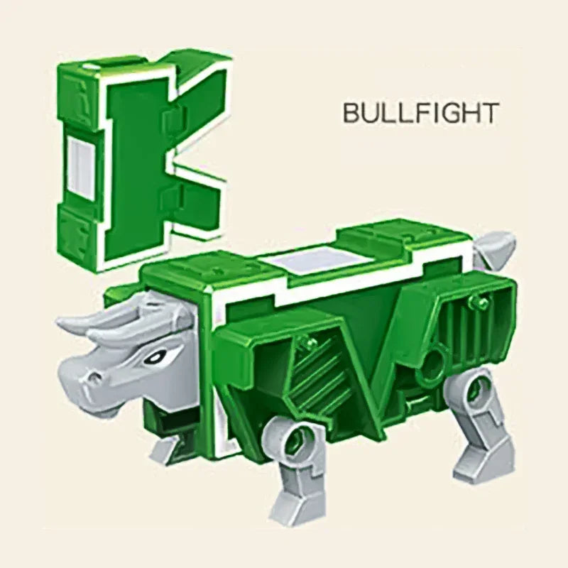 A green alphabet robot toy figure shaped like the letter K, designed for learning.