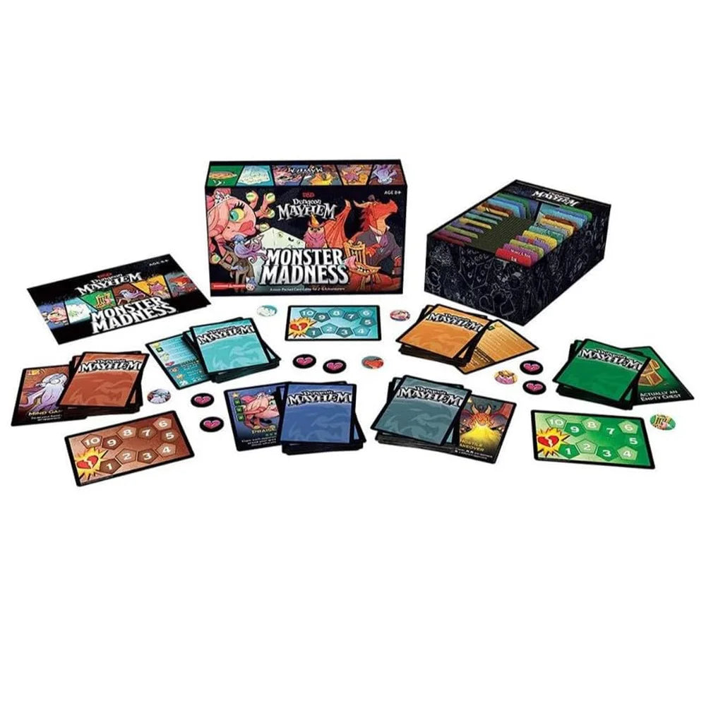 Boxed set of Dungeon Mayhem Monster Madness card game components including cards and accessories