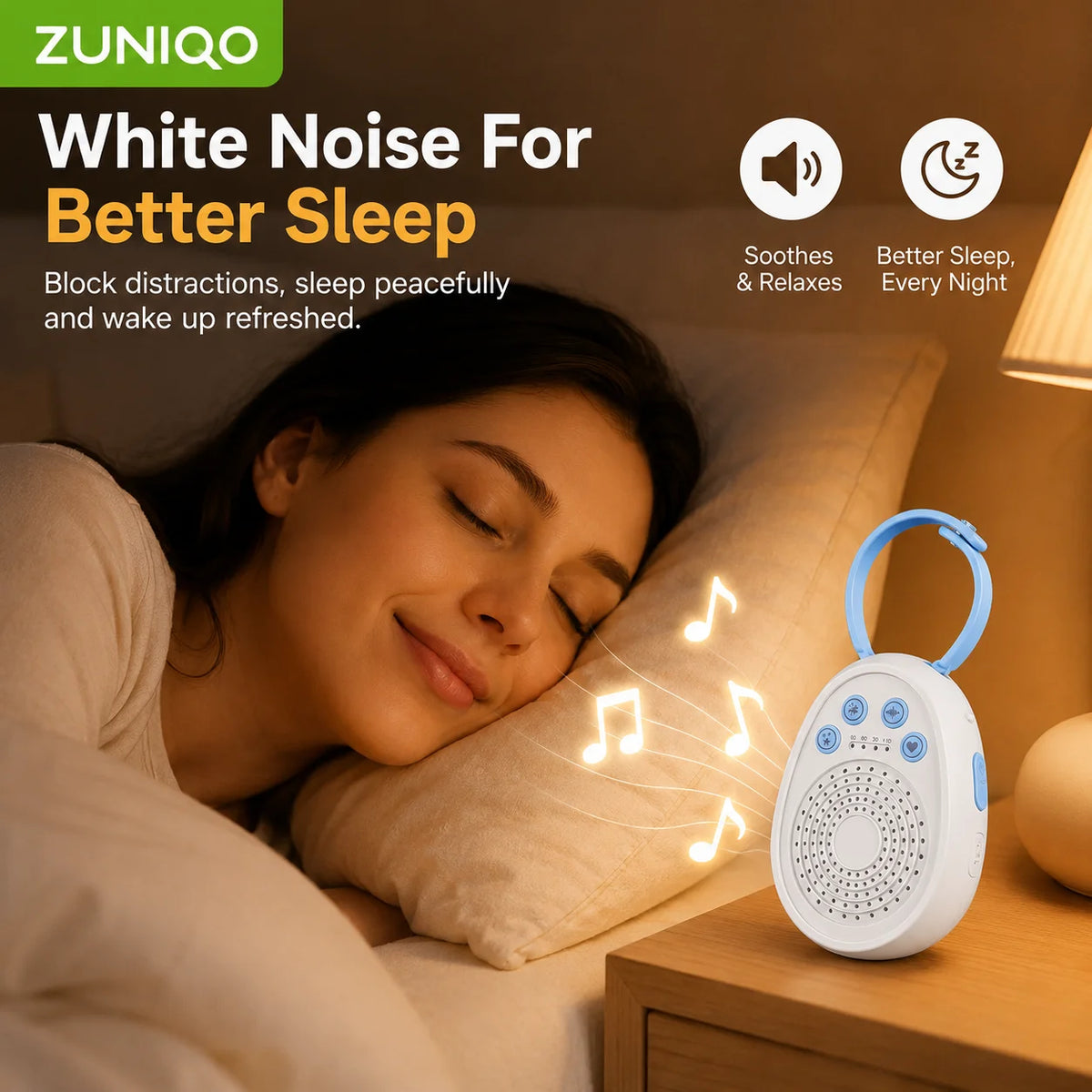A white portable white noise machine is placed on a bedside table next to a woman sleeping peacefully.