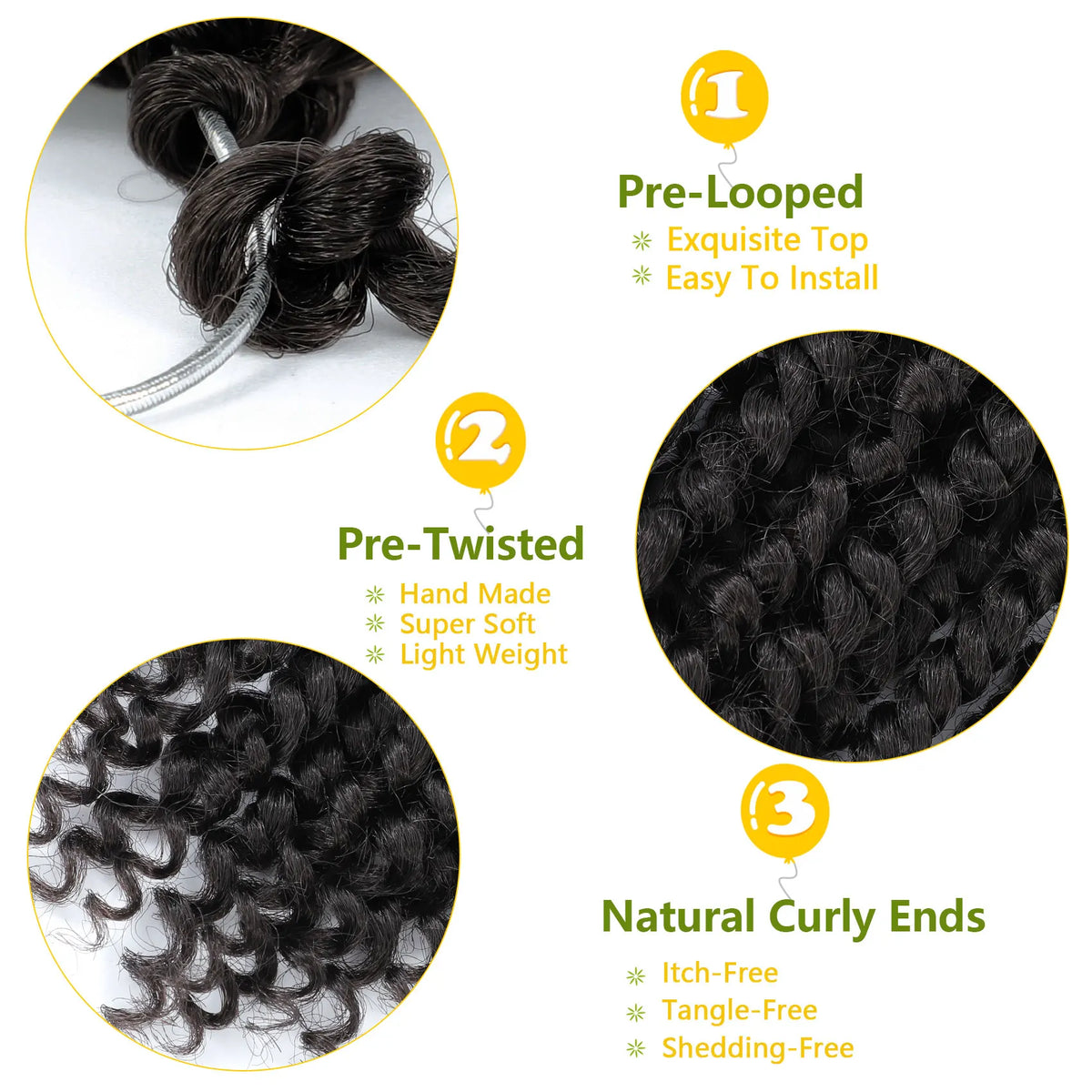Three stages of black hair preparation: pre-looped, pre-twisted, and natural curly ends.