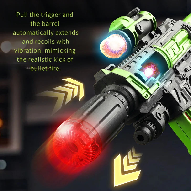 A close-up of an LED light-up water mist blaster toy gun firing, showing the barrel extending and recoil vibration.