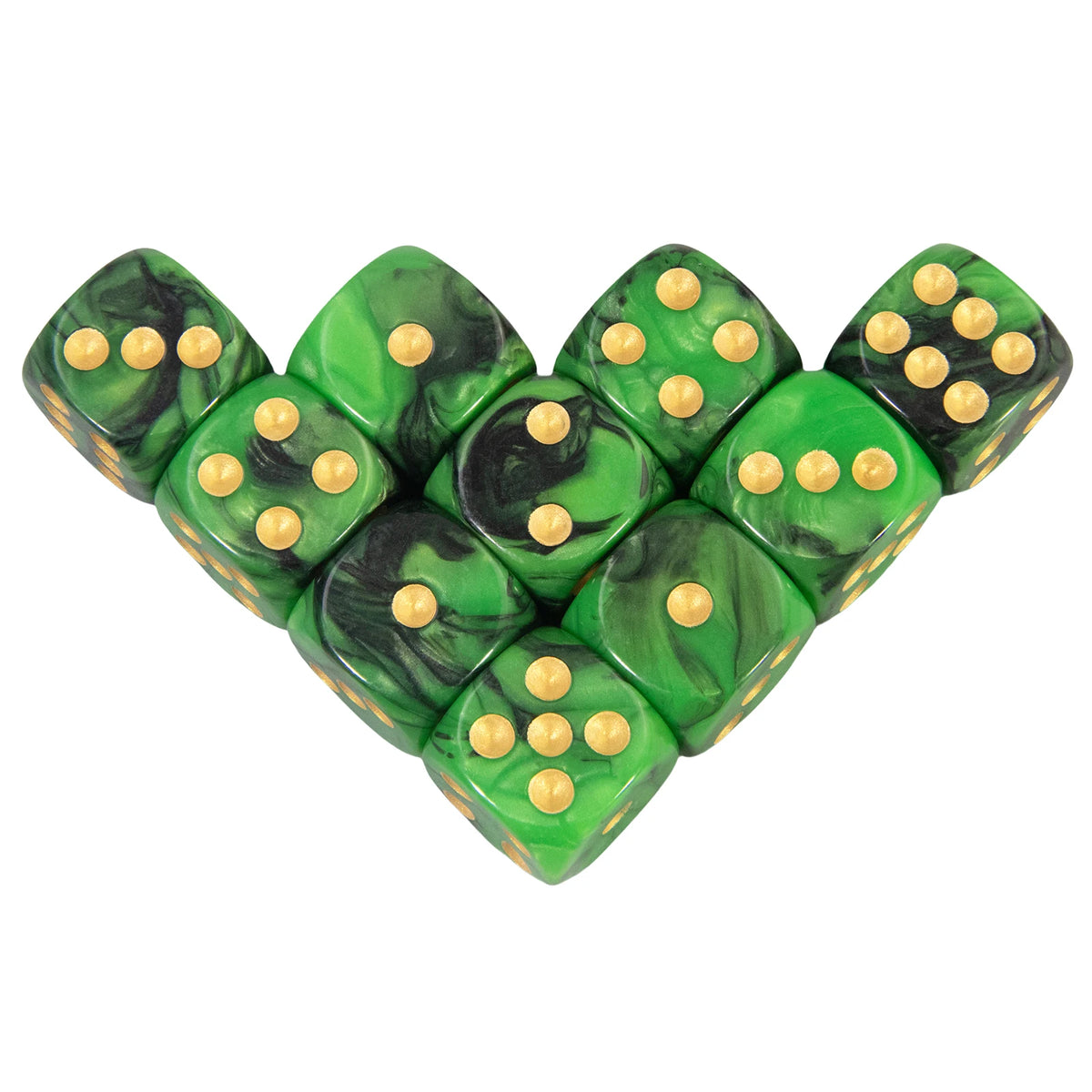 A set of ten green and black marbled acrylic dice with gold dots on rounded corners.