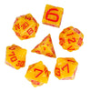 A set of seven yellow and orange polyhedral dice showing numbers 6, 14, 20, 8, 12, 7, and 30.