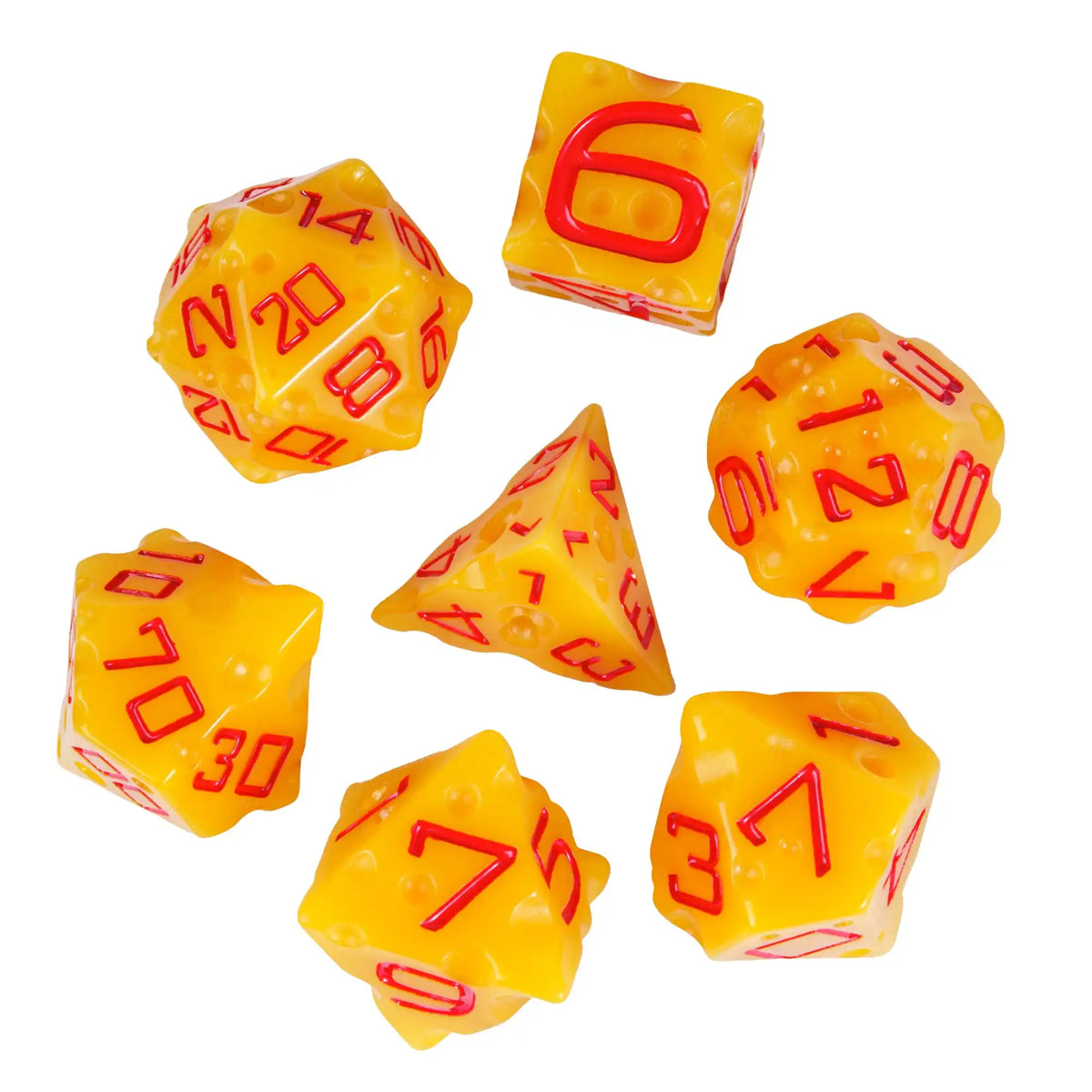 A set of seven yellow and orange polyhedral dice showing numbers 6, 14, 20, 8, 12, 7, and 30.