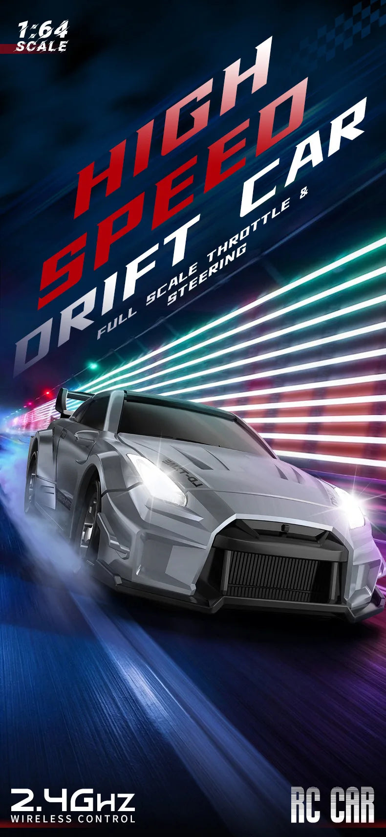 A silver RC car is shown in a high-speed drift, with text indicating full steering and throttle control.