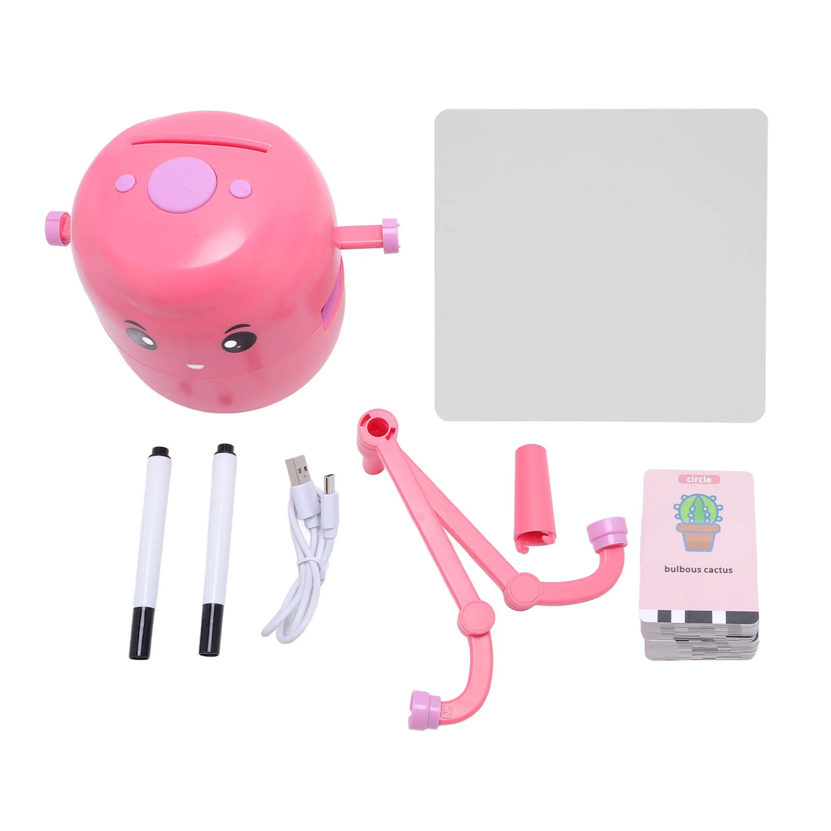 Pink smart drawing robot toy with various tools and accessories for kids