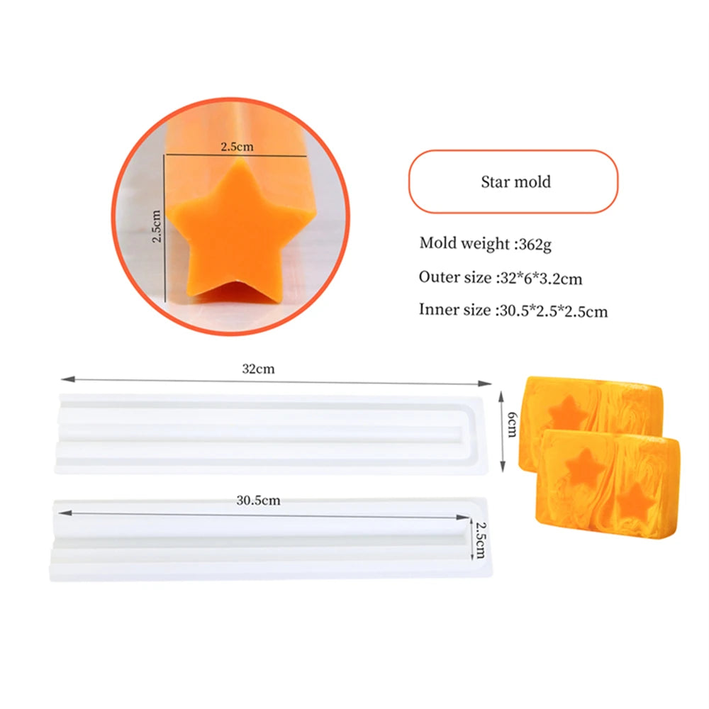 A set of silicone molds, including a star mold and rectangular shapes, used for making soap and candles.