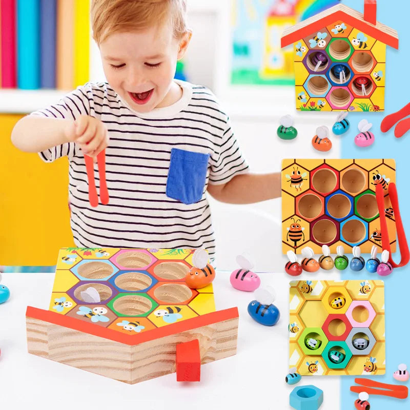 A child plays with a wooden Bee Trap game featuring colorful clip beads and logic puzzles.