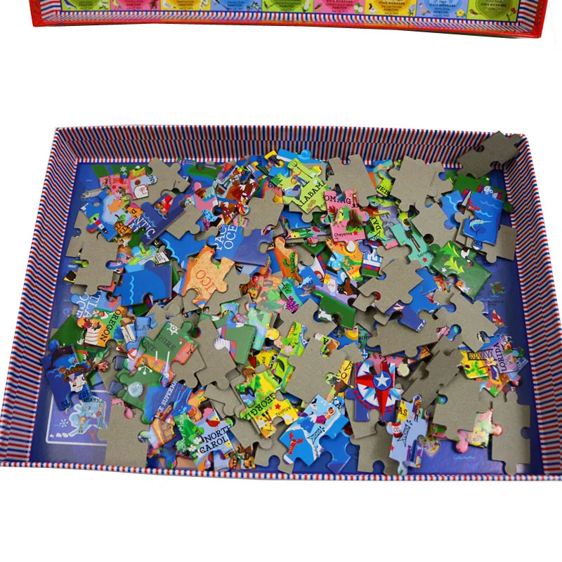 A 200-piece jigsaw puzzle depicting the USA and World Map, featuring various colored pieces.