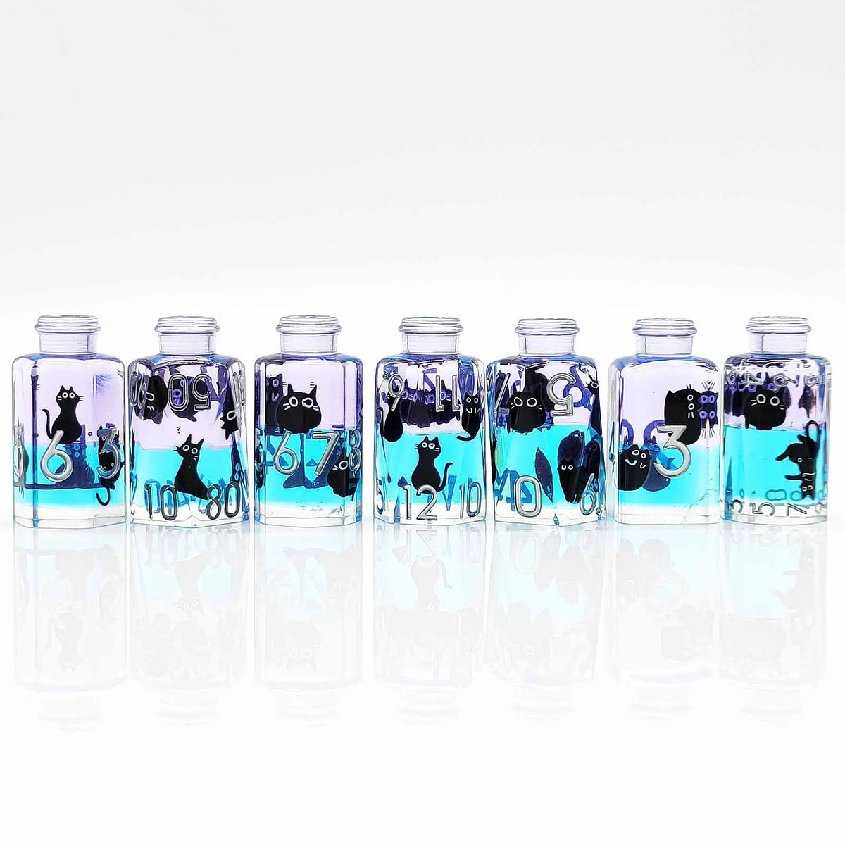 A set of seven floral resin potion bottles with various designs and colors, displayed in a row.