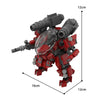 A red exoskeleton combat robot model built from building blocks, shown in a side view with dimensions.