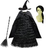 Black kids costume dress featuring a witch hat and gown with black lace detailing