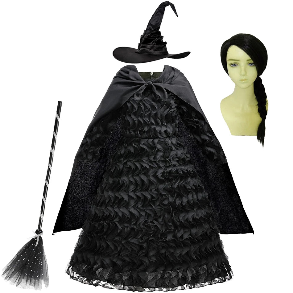 Black kids costume dress featuring a witch hat and gown with black lace detailing