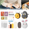 A collection of crochet patterns and finished adorable animals made from soft wool yarn including a bird, bunny, and other fi