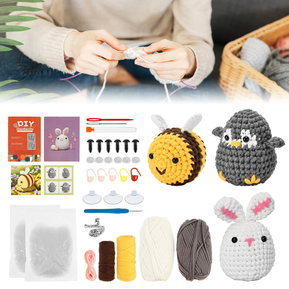 A collection of crochet patterns and finished adorable animals made from soft wool yarn including a bird, bunny, and other fi