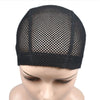 Black stretchable mesh wig cap displayed on a mannequin head.