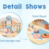 Detail shows of a wooden kids workbench featuring non-toxic paint, tool storage racks, solid wood construction, and large cap