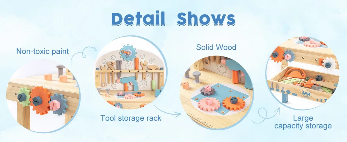 Detail shows of a wooden kids workbench featuring non-toxic paint, tool storage racks, solid wood construction, and large cap