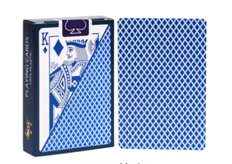 A box of playing cards featuring a King design and a blue diamond pattern, next to a stack of blue patterned playing cards.