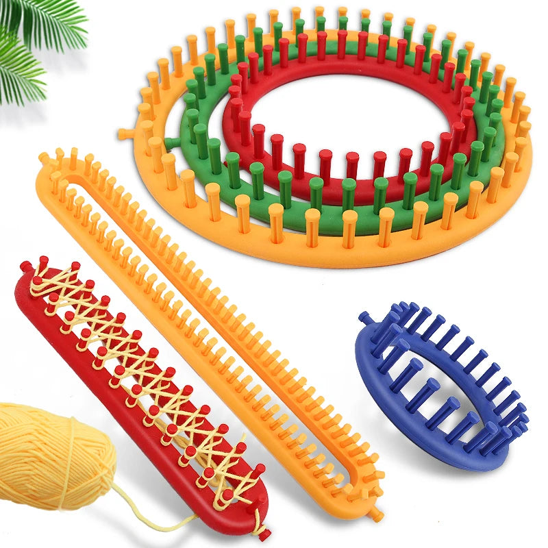 Round knitting loom kit with crochet hook for making hats, scarves, and blankets in various colors