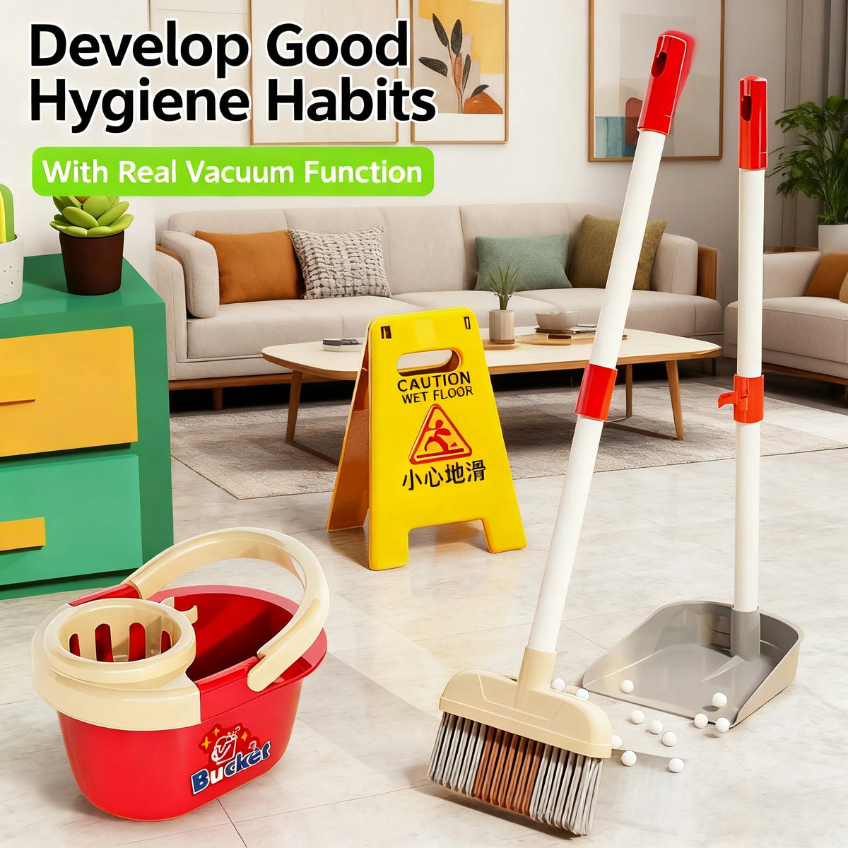 Kids Pretend Play Cleaning Set with Working Toy Vacuum