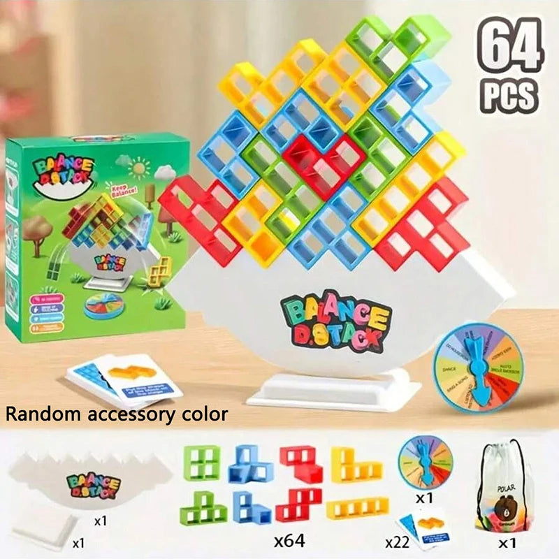 A set of 64 multi-sized building blocks in various colors and shapes packaged for creative play.