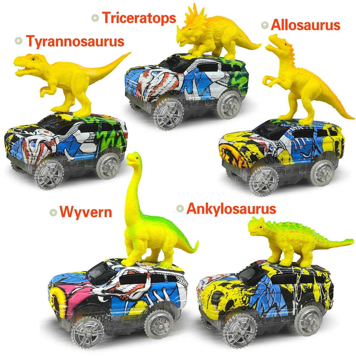 A set of dinosaur climbing cars featuring Tyrannosaurus, Allosaurus, Wyvern, and Ankylosaurus models.